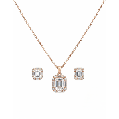 Close-up of rose gold emerald-cut cubic zirconia halo pendant with sparkling CZ frame