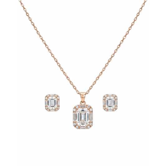 Close-up of rose gold emerald-cut cubic zirconia halo pendant with sparkling CZ frame
