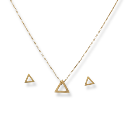 Close-up of gold-tone open-triangle geometric pendant on a dainty chain