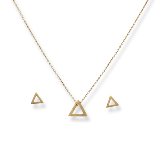 Close-up of gold-tone open-triangle geometric pendant on a dainty chain