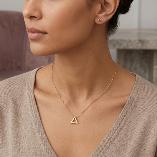 Gold-plated minimal triangle pendant necklace and matching stud earrings set, anti-tarnish, by Jija Jewellery