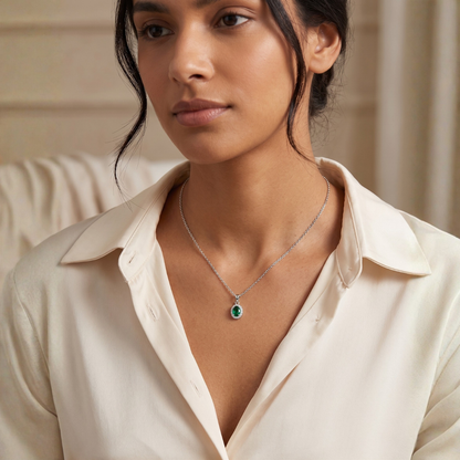Silver emerald green oval halo pendant necklace and matching stud earrings set, anti-tarnish, by Jija Jewellery