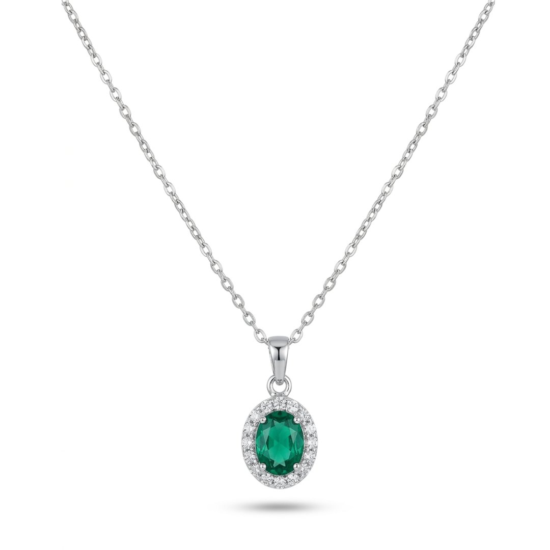 Close-up of silver-tone oval green cubic zirconia pendant framed by a clear CZ halo