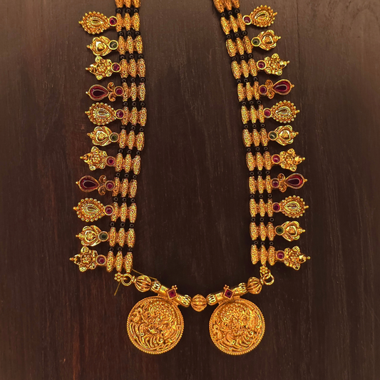 Kolhapuri Saaj Inspired Long Mangalsutra with Black Beads – 12 Inch Double Coin, Antique Gold Plated – Jija Jewellery
