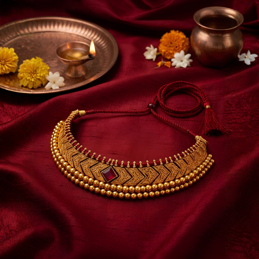 Gold plated anti-tarnish Thushi necklace front view with ruby centre stone | Jija Jewellery