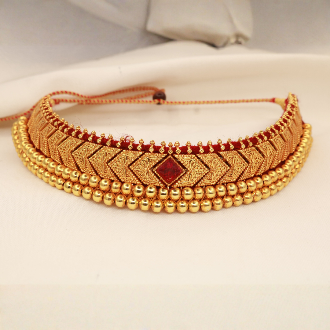 Thushi necklace ruby centre stone and traditional wati bead clusters | Jija Jewellery