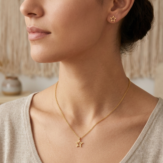 Gold star pendant necklace and matching star stud earrings set by Jija Jewellery