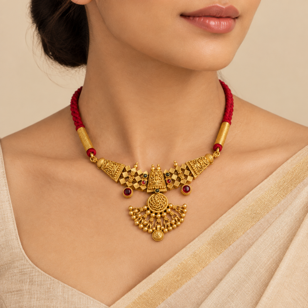 Traditional Maharashtrian Thushi Necklace with Red Dori – Antique Gold Plated – Jija Jewellery