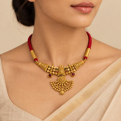 Traditional Maharashtrian Thushi Necklace with Red Dori – Antique Gold Plated – Jija Jewellery
