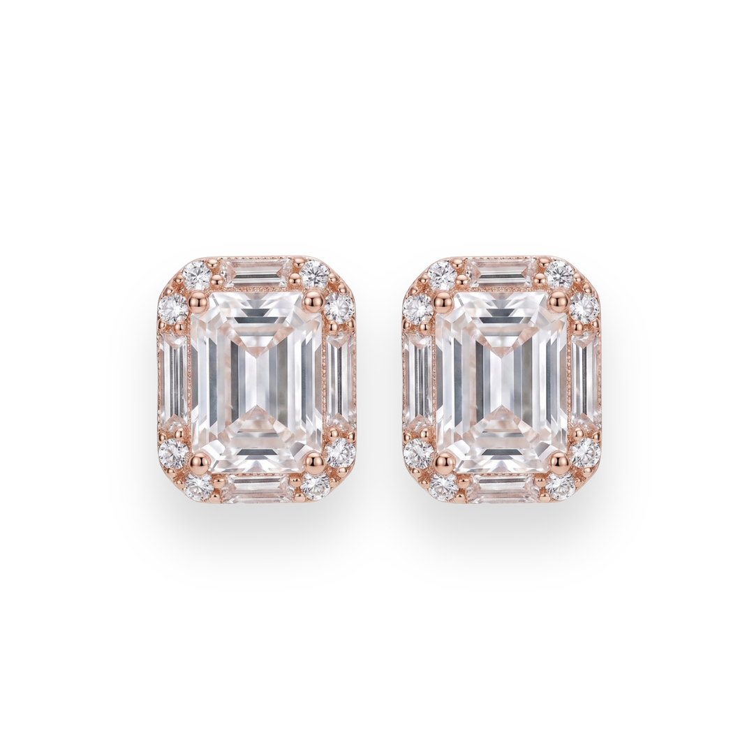 Matching rose gold halo stud earrings with emerald-cut CZ centre stone