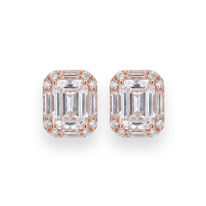 Matching rose gold halo stud earrings with emerald-cut CZ centre stone
