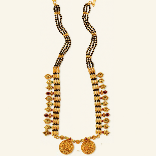 Kolhapuri Saaj Inspired Long Mangalsutra with Black Beads – 12 Inch Double Coin, Antique Gold Plated – Jija Jewellery