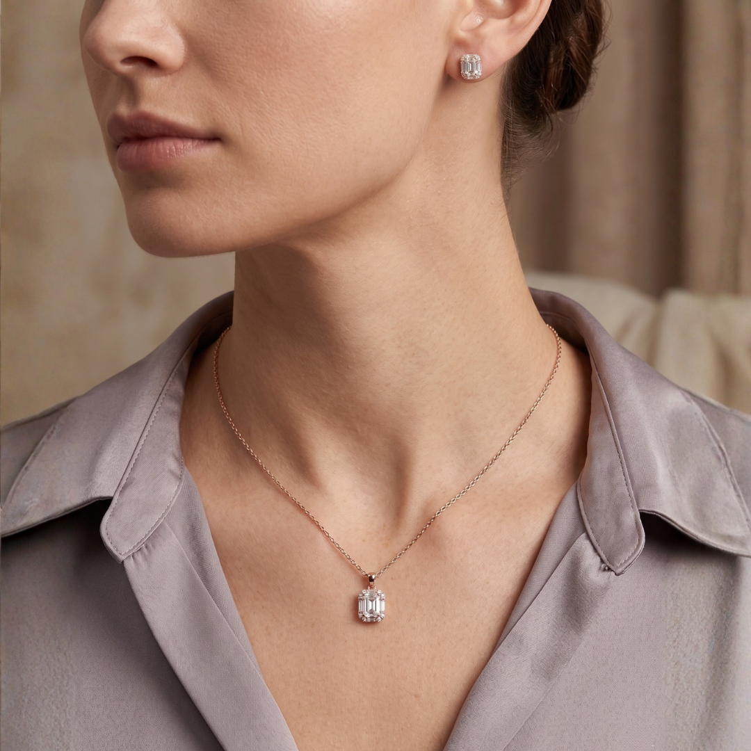 Rose gold emerald-cut halo pendant necklace and matching stud earrings set in anti-tarnish CZ by Jija Jewellery