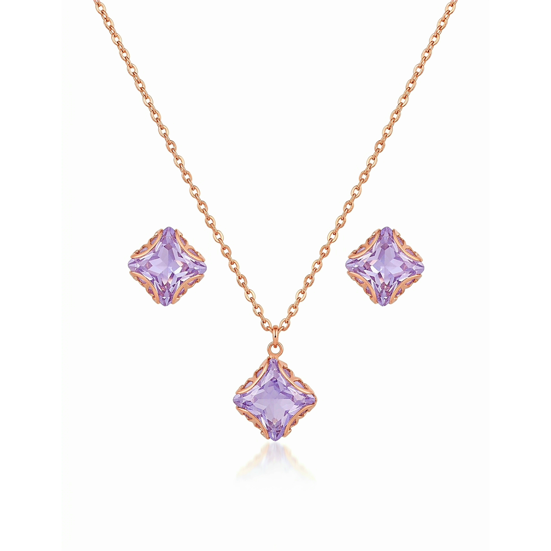 Princess-cut purple crystal pendant in ornate rose gold filigree frame