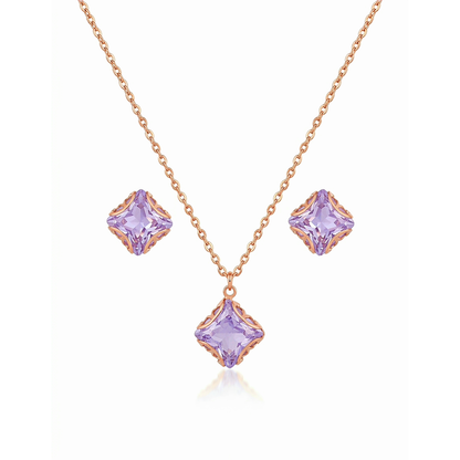 Princess-cut purple crystal pendant in ornate rose gold filigree frame