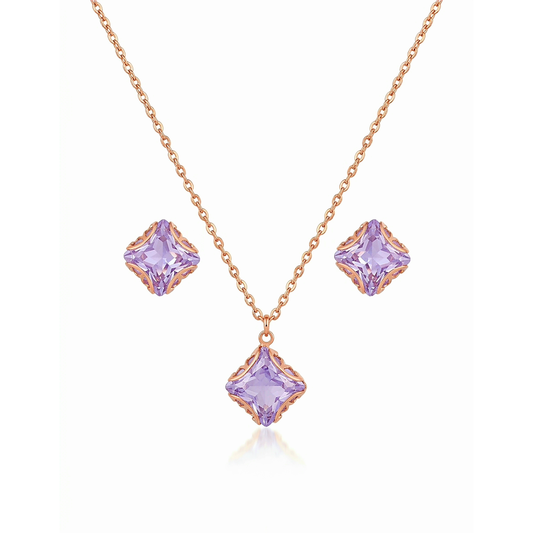 Princess-cut purple crystal pendant in ornate rose gold filigree frame