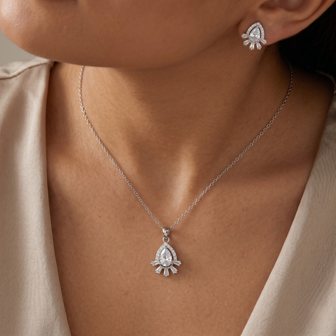 Silver teardrop CZ halo pendant necklace and matching stud earrings set, anti-tarnish, by Jija Jewellery