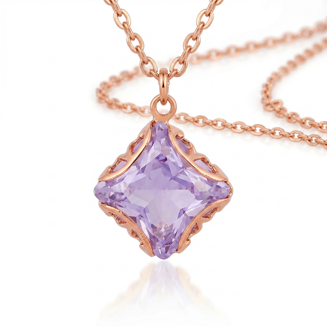 Matching purple crystal stud earrings in rose gold, anti-tarnish finish