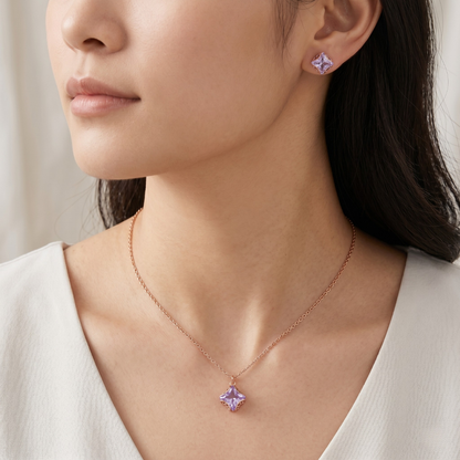 Rose gold purple crystal pendant necklace and matching stud earrings set by Jija Jewellery
