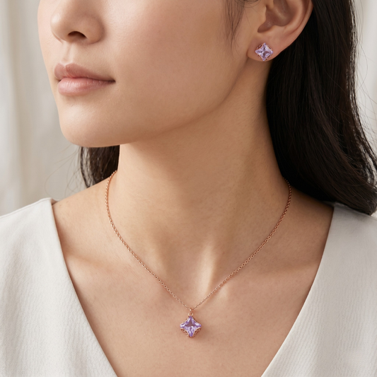 Rose gold purple crystal pendant necklace and matching stud earrings set by Jija Jewellery