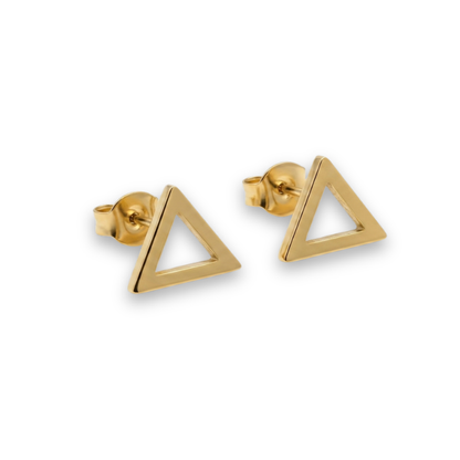 Minimal geometric triangle necklace and earrings set styled for everyday layering
