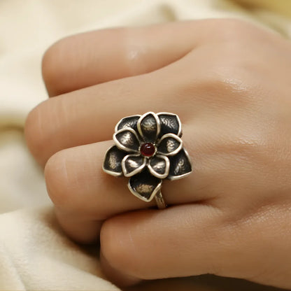 Silver Blossom Ring – 92.5 Pure Sterling Silver Oxidized Floral Band | Adjustable Ethnic Ring | Jija Jewellery