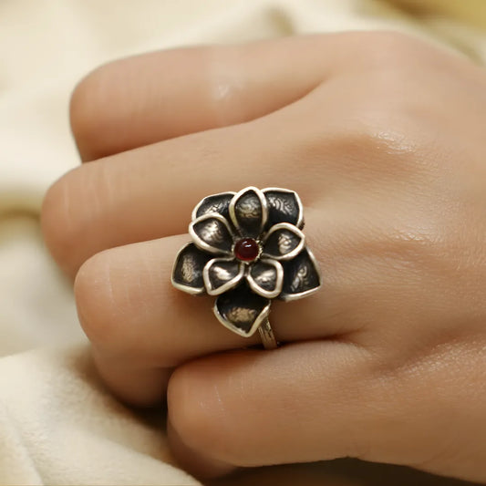 Silver Blossom Ring – 92.5 Pure Sterling Silver Oxidized Floral Band | Adjustable Ethnic Ring | Jija Jewellery