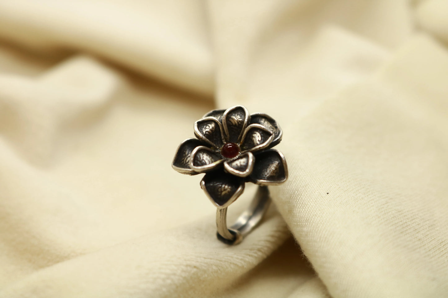 Silver Blossom Ring Worn on Hand – 92.5 Oxidized Ethnic Ring Handcrafted in Satara | Jija Jewellery