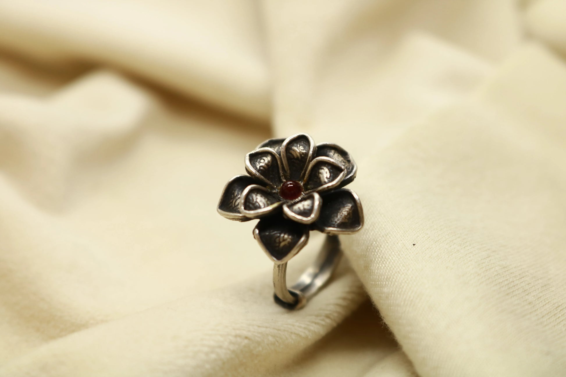 Silver Blossom Ring Worn on Hand – 92.5 Oxidized Ethnic Ring Handcrafted in Satara | Jija Jewellery