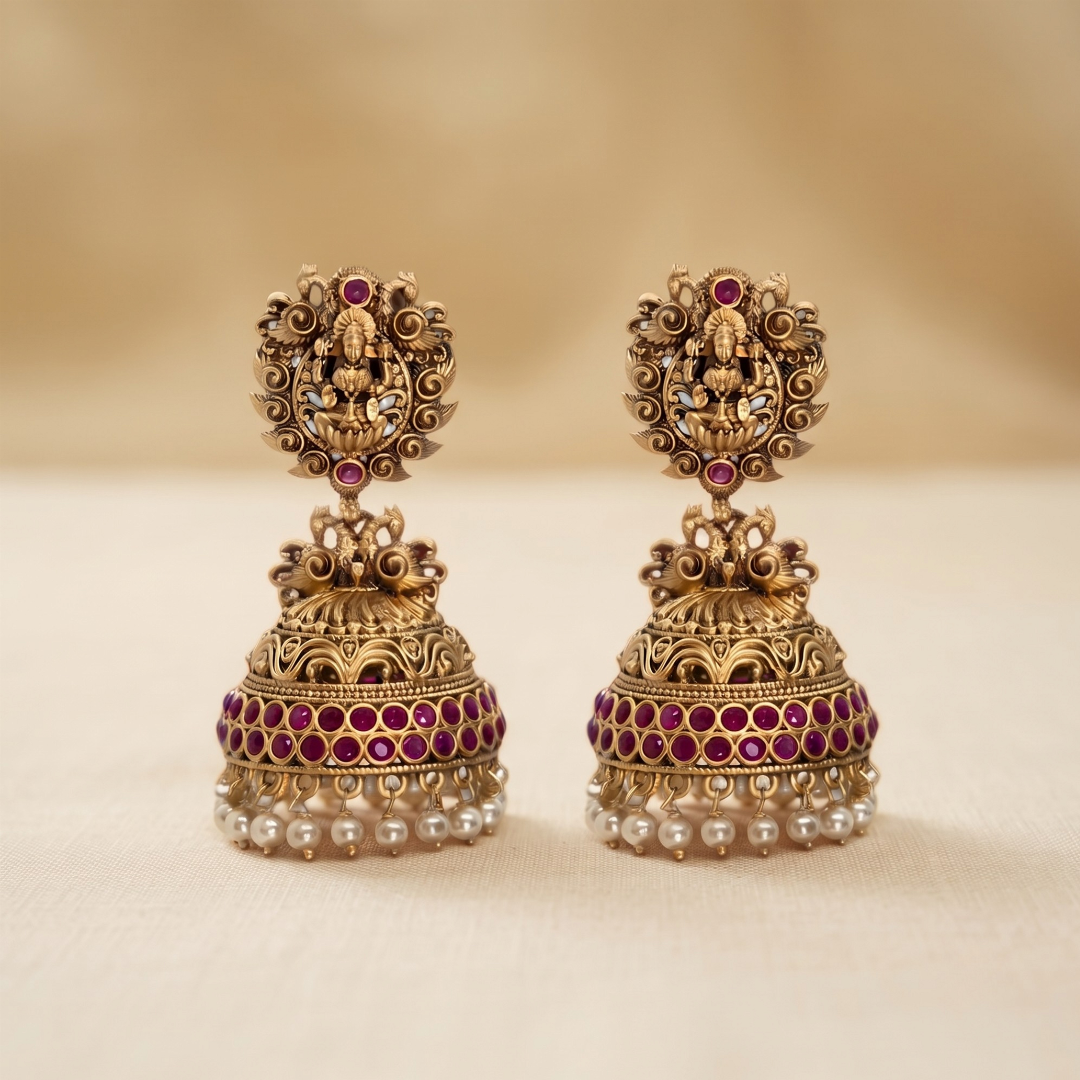 Temple zumka earrings with Lakshmi motif top, ruby stones and pearl drops – gold plated – Jija Jewellery