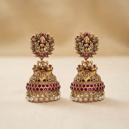Temple zumka earrings with Lakshmi motif top, ruby stones and pearl drops – gold plated – Jija Jewellery